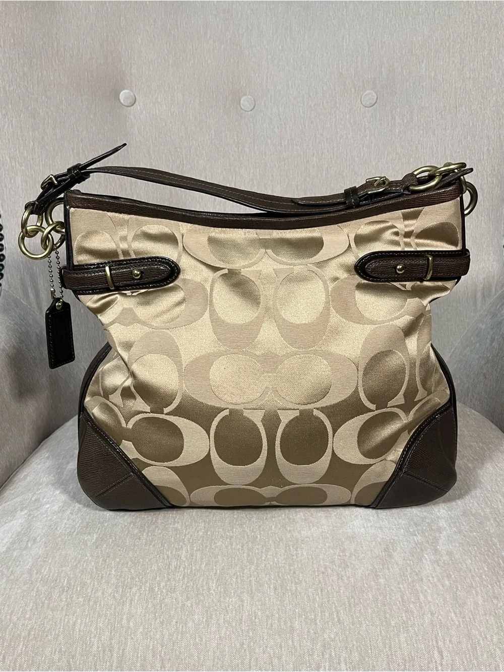 Coach Vintage Shoulder Bag in Khaki and Brown with Signature Jacquard